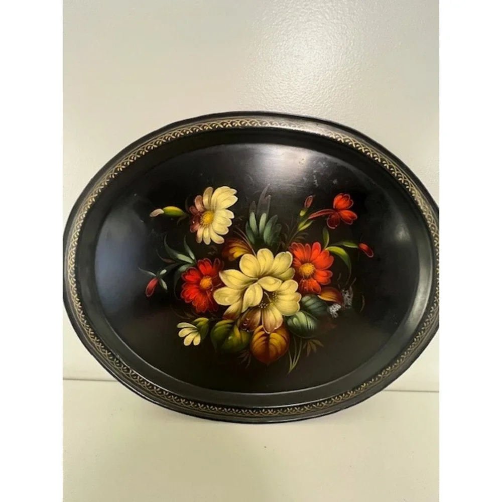 Vintage USSR Hand Painted Zhostovo‎ Floral Metal Tray Black Tole Oval Platter